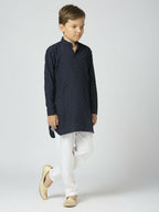 Joban Fashion Kids Island Full Sleeves Texture Cotton Kurta and Pyjama Set - Navy Blue | Grocsy
