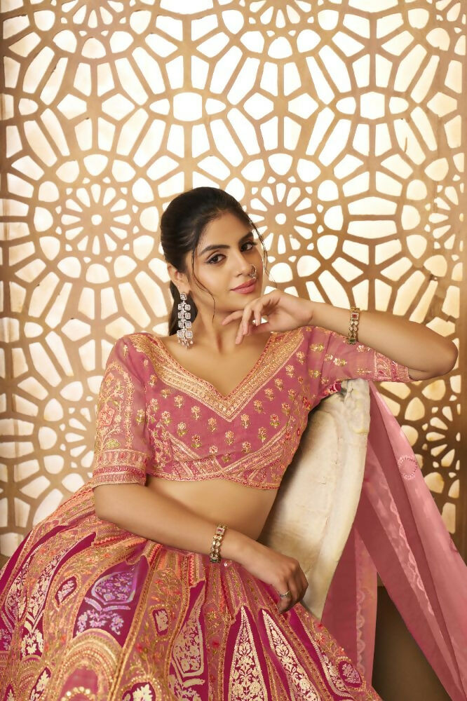 Kesar Fab Pink Banarasi Silk Embroidered Lehenga | Grocsy