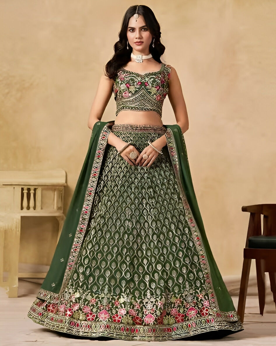 Women’s Semi-Stitched Green Georgette Zari Sequence Thread Embroidery Work Lehenga Choli With Georgette Dupatta-Jihu Culture | Grocsy