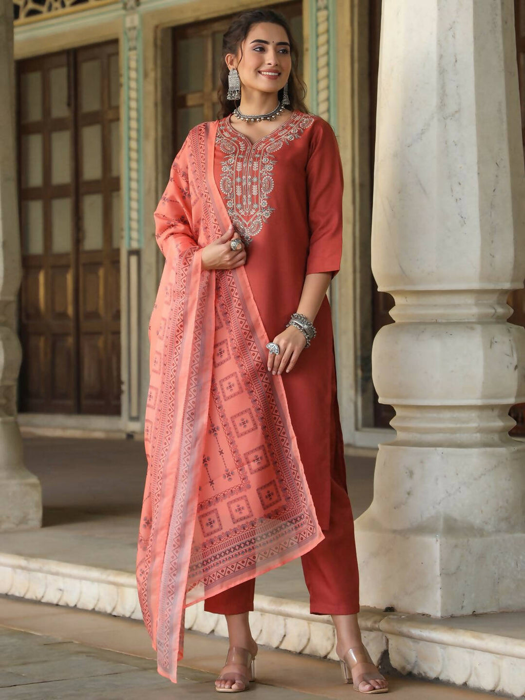 Juniper Women's Rust Silk Solid Embroidered Kurta Set | Grocsy
