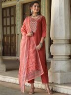 Juniper Women's Rust Silk Solid Embroidered Kurta Set | Grocsy