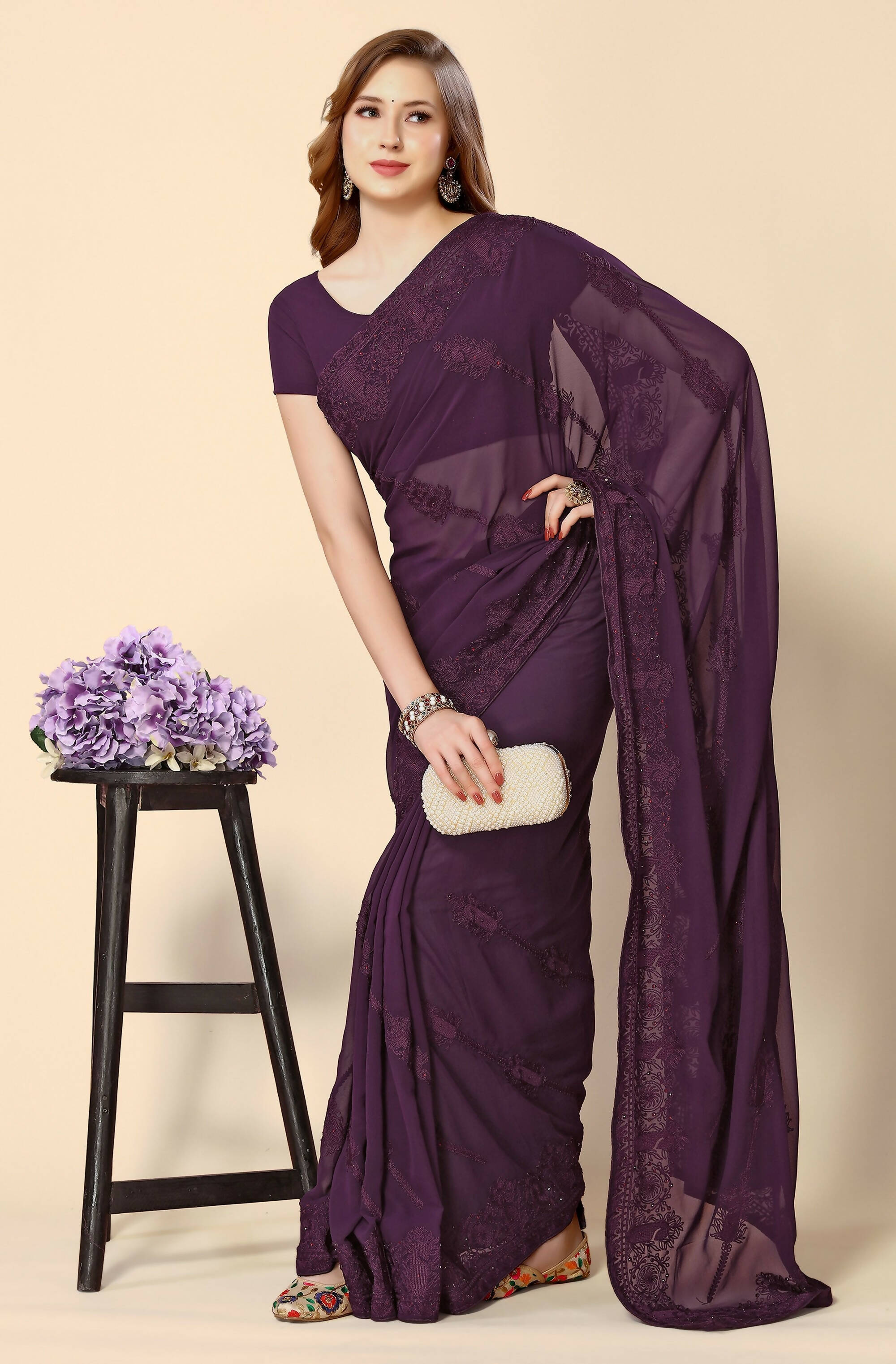 Purple Georgette Embroidered and Stone Work Saree with Unstitched Blouse Piece - Roozal | Grocsy