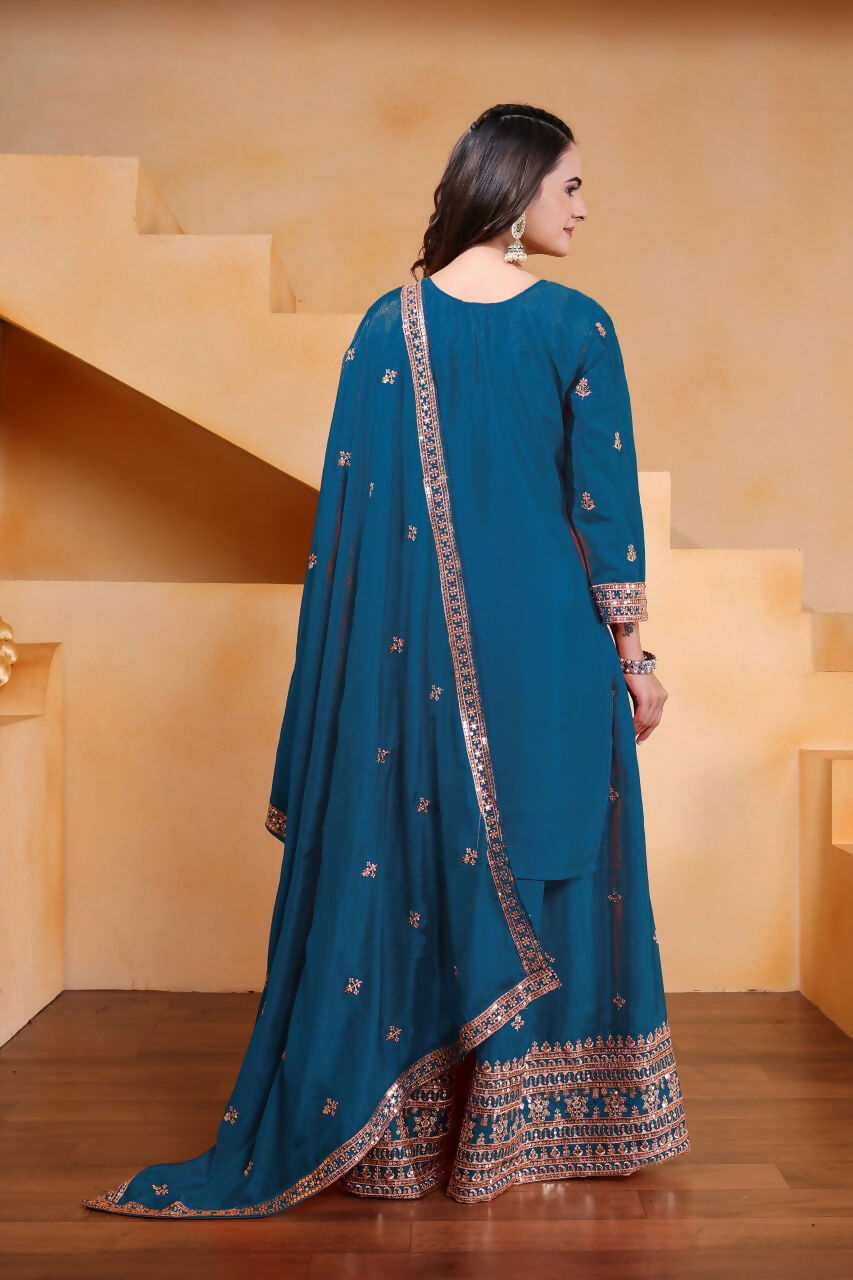 Joban Fashion Teal Silk Embroidered Sharara Set | Grocsy