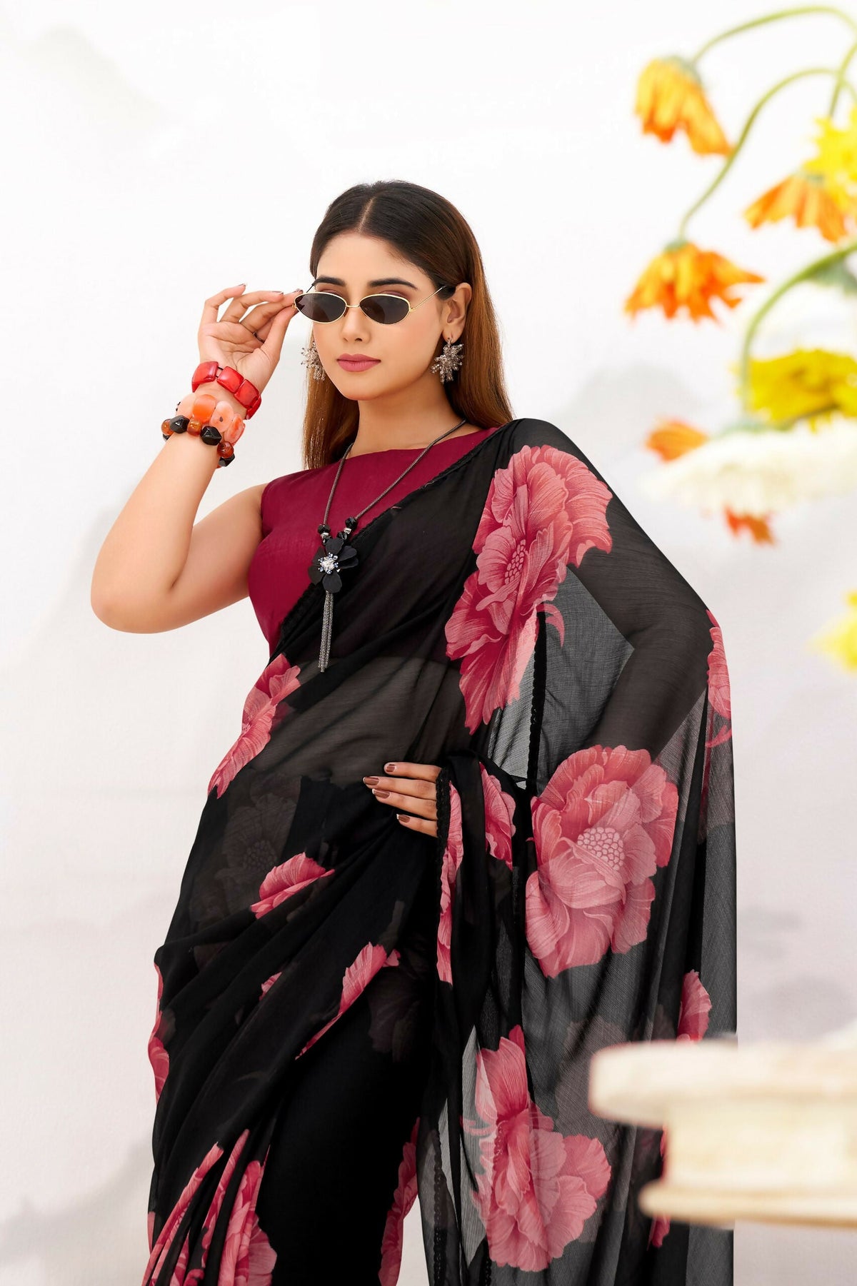 Vastranavya Black Floral Print with Lace Border work Chiffon Saree & Unstitched Blouse | Grocsy