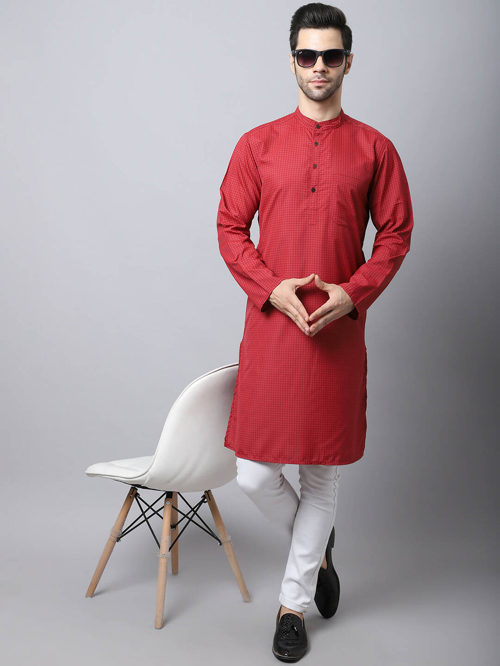 Even Apparels Maroon Cotton Checked Men's Kurta With Band Collar | Grocsy