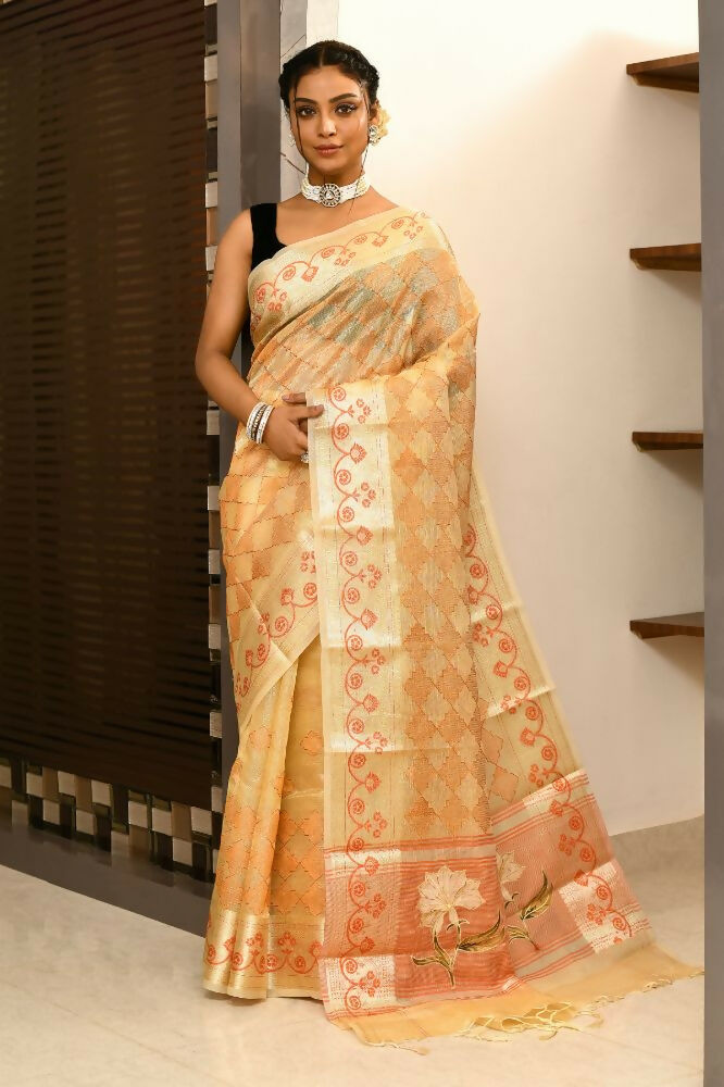 Joban Fashion Light Orange Saree Kota Tissue With Embroidery And Applick Anchal | Grocsy