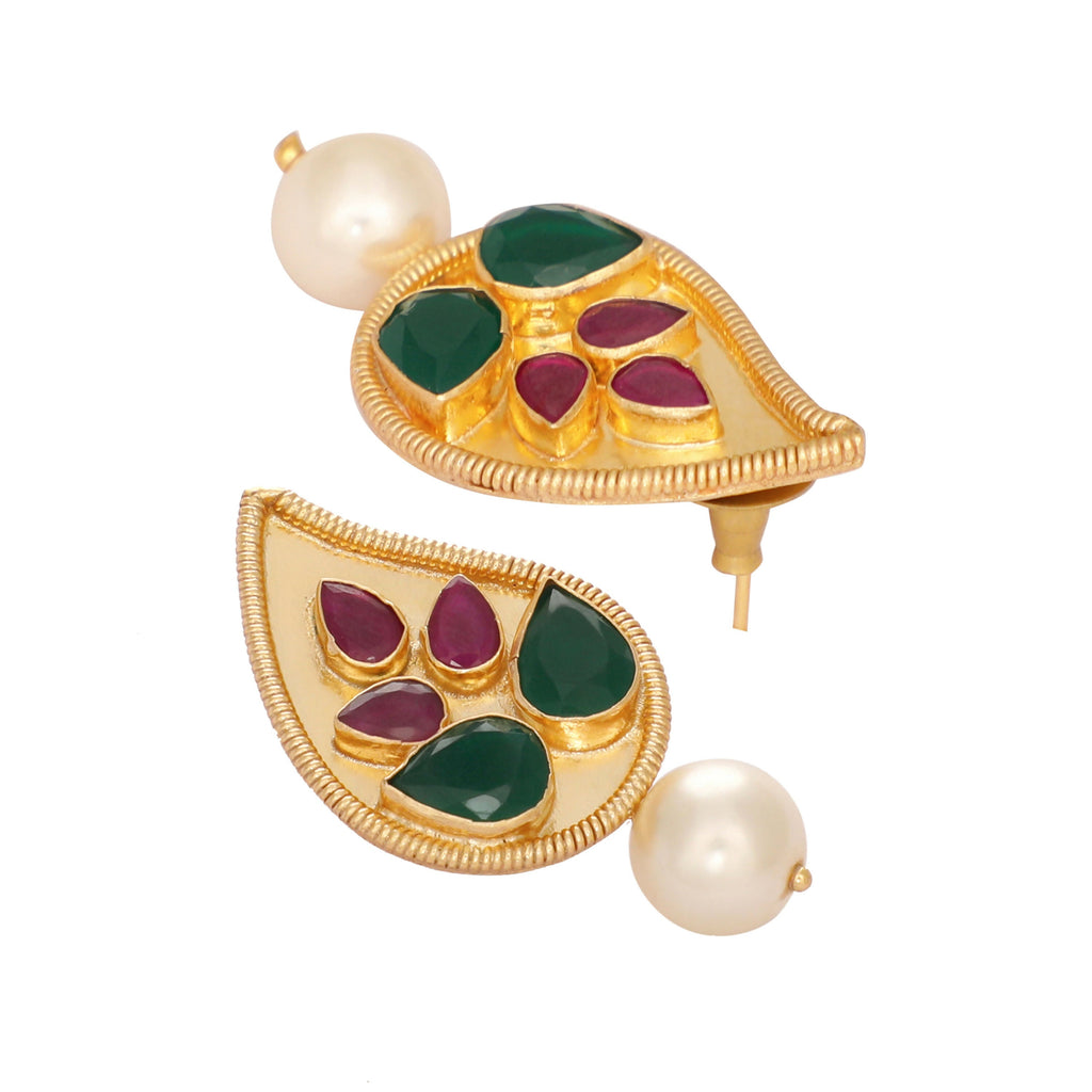 Nuyug 22K Gold Plated Emarald Stone Studded Contemporary Petal Shaped Pearl Drop Stud Earrings | Grocsy