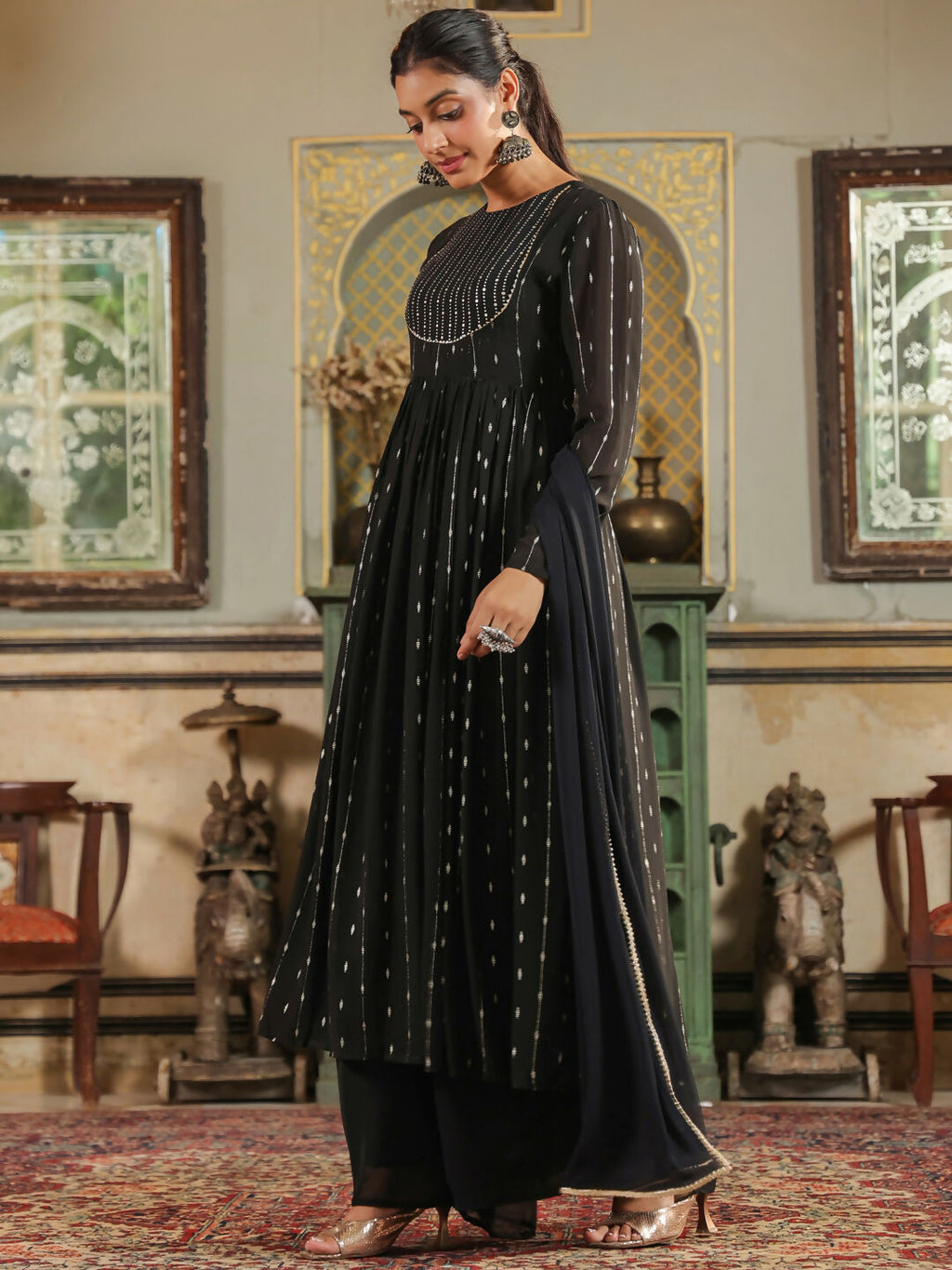 Janasya Black Georgette Foil Print Kurta,Bottom & Dupatta | Grocsy