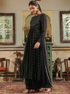 Janasya Black Georgette Foil Print Kurta,Bottom & Dupatta | Grocsy