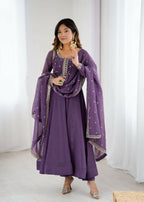 The52 Women's Beautiful Embroidery Work Crunchy Silk Fabric Flared Anarkali Pant and Dupatta Set | Grocsy