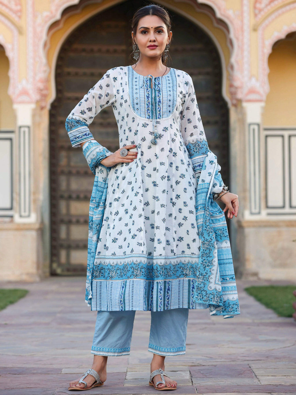 Juniper Women's White Cotton Voile Floral Printed Kurta With Cambric Straight Pant And Voile Duptta | Grocsy