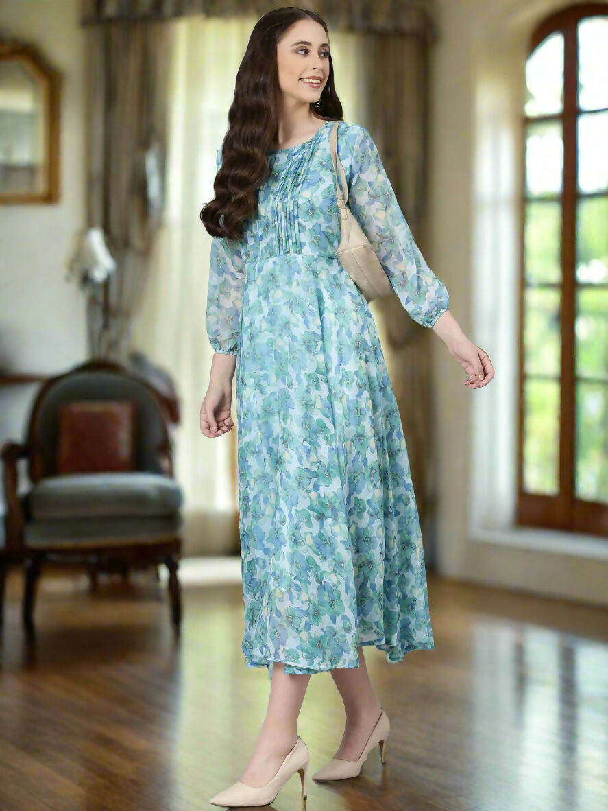 Souchii Blue Floral Chiffon Maxi Dress | Grocsy