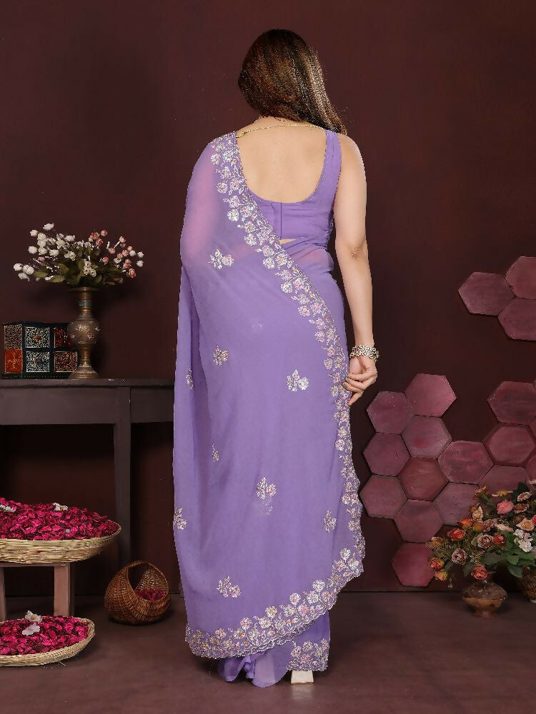 PR Fashion Lavender Georgette Embroidery Work With Embroidery Work Blouse Saree | Grocsy