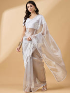 Grey Tissue Slub Embroidered Saree with Unstitched Blouse - Vairagi | Grocsy