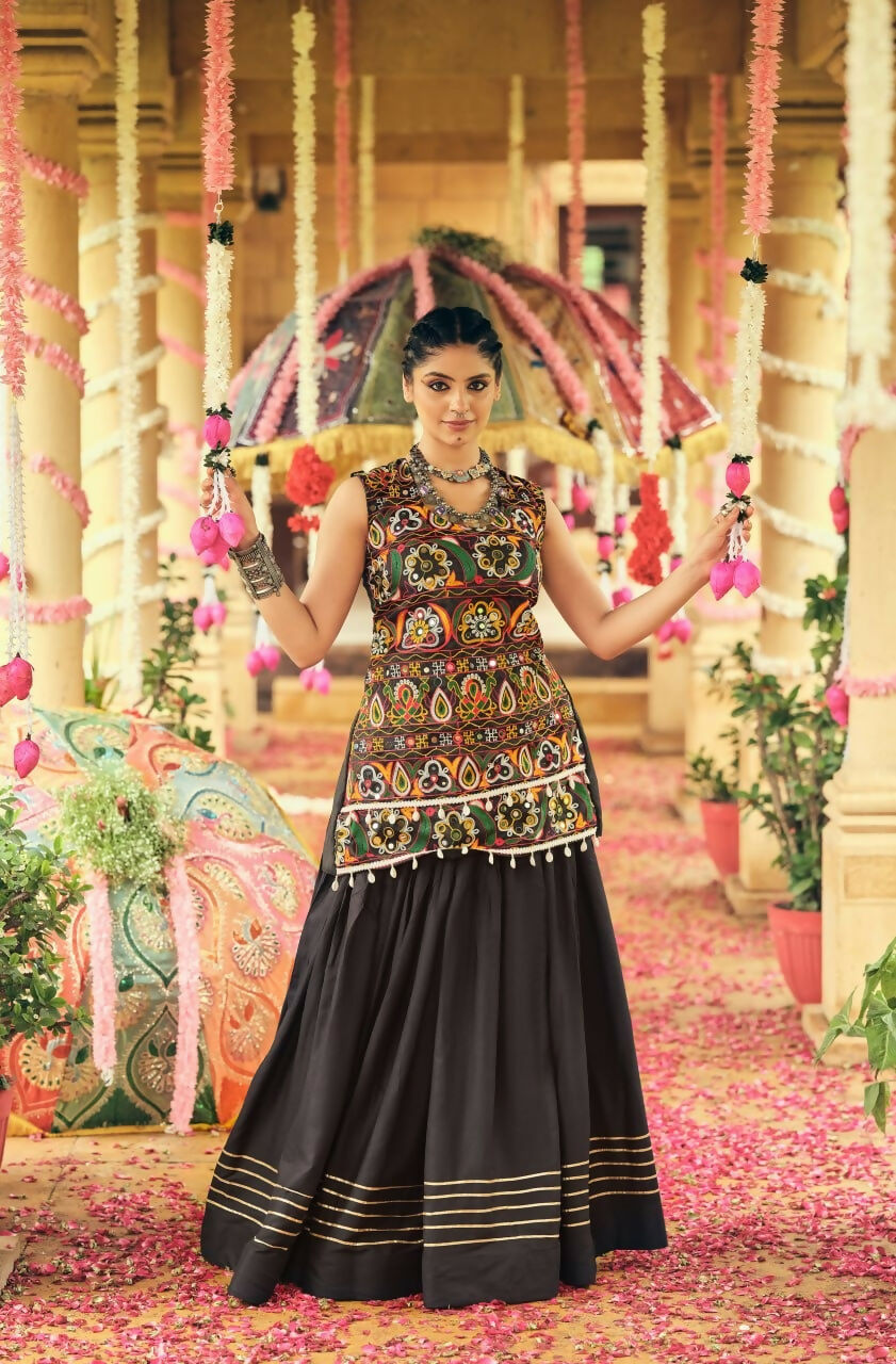 Teeya Creation Black Colour Rayon Silk Embroidery Work Fully Stitched Navratri Lehenga | Grocsy