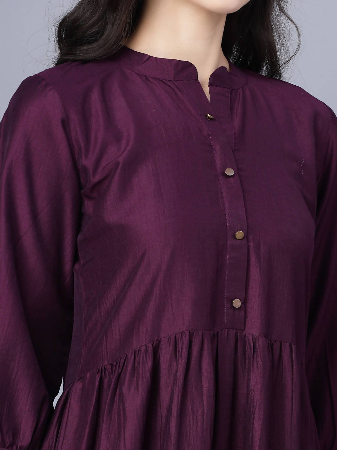 Myshka Silk Solid 3/4 Sleeve V Neck Purple Women Dress | Grocsy