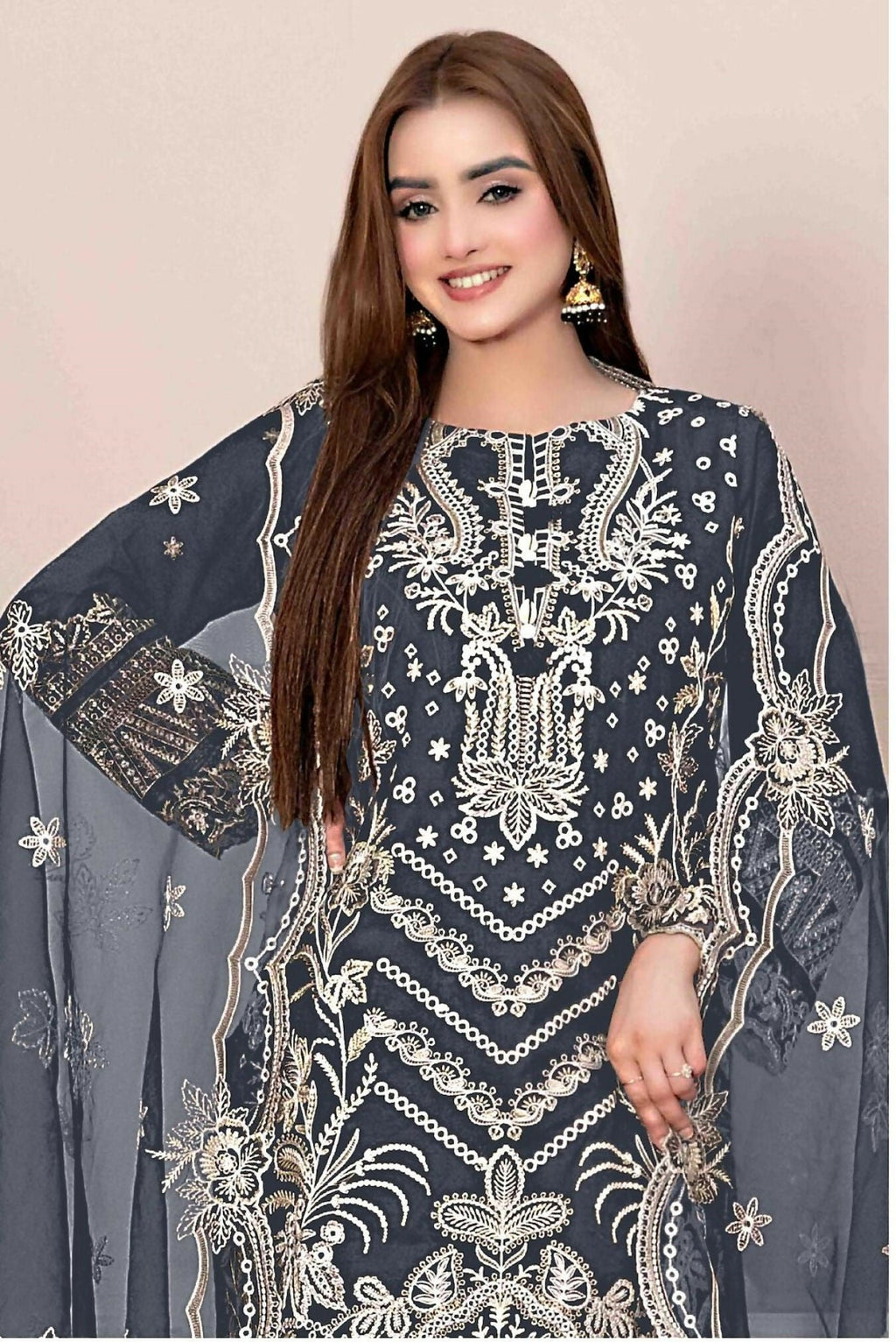 Anaita Grey Faux Georgette Stitched Suit with Embroidery Work | Grocsy