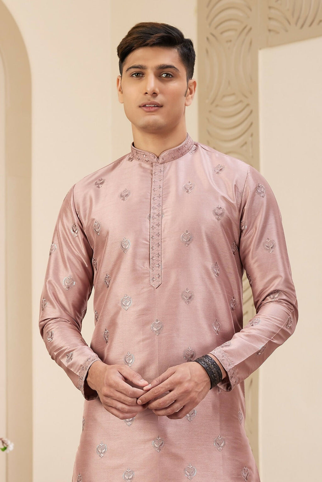 Raivat Ethnic Men's Art Silk Thread Work Kurta Pyjama In Cream Beige Colour | Grocsy