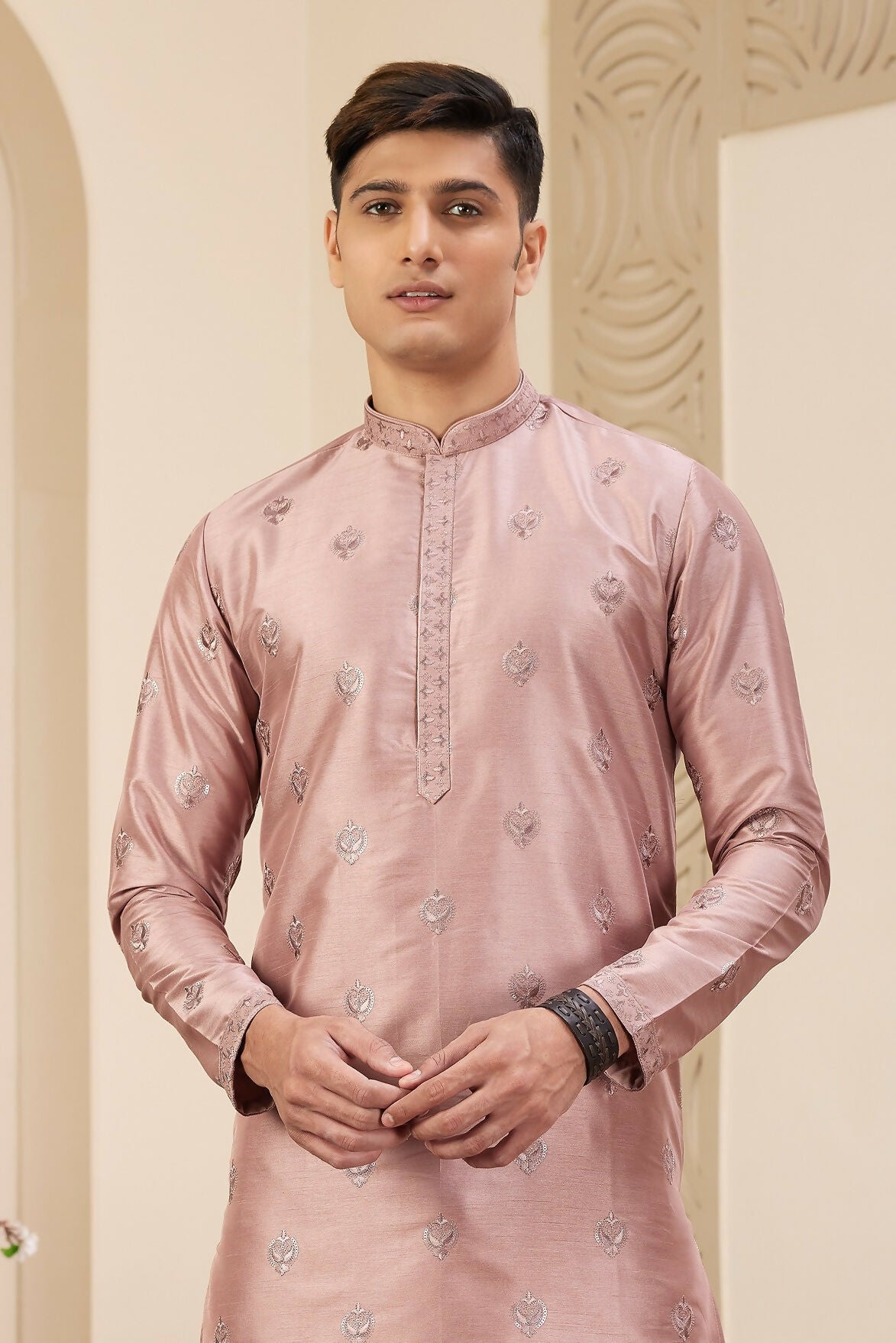 Raivat Ethnic Men's Art Silk Thread Work Kurta Pyjama In Cream Beige Colour | Grocsy