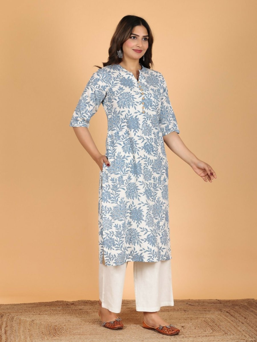 Aramya Blue Linen Cotton Floral Straight Kurta for Women | Grocsy