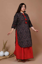 Miravan Women's Plus Size Black Printed Pure Cotton Kurta With Skirt | Grocsy