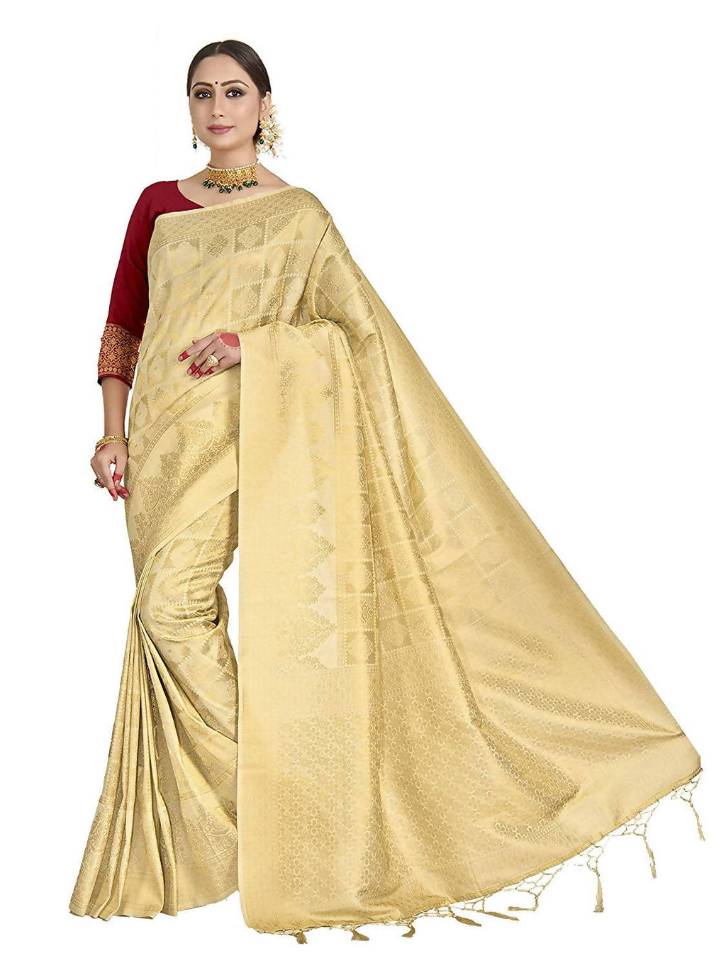 Vardha Women's Beige Kanchipuram Raw Silk Saree With Unstitched Blouse Piece | Grocsy