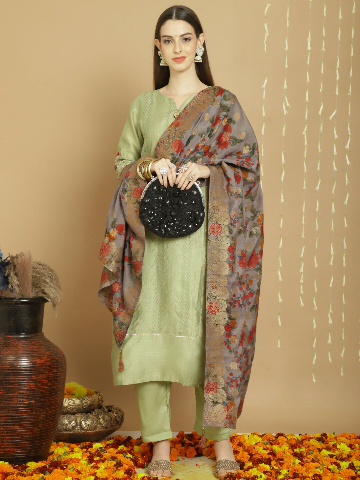 Jyoti Fashion Women's Green Chanderi Silk Elegant Jardoshi Semi Kurta with Trouser & Dupatta | Grocsy