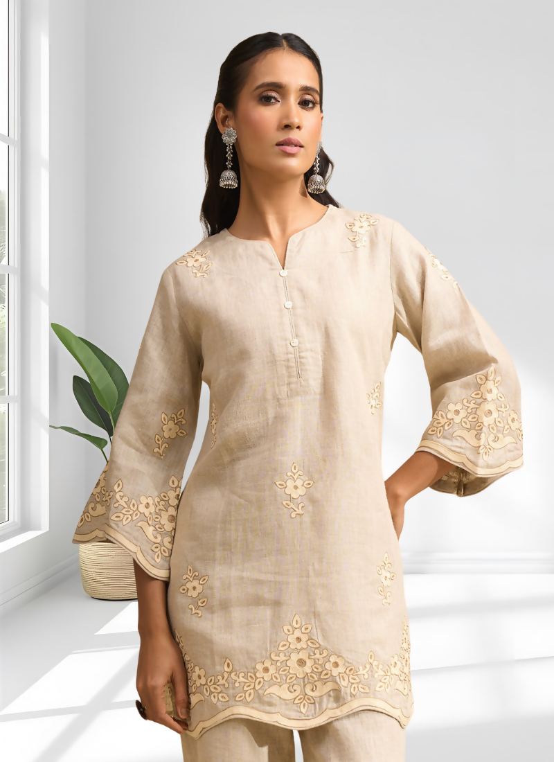 Joban Fashion Beige Linen Embroidered Readymade Cord Set | Grocsy