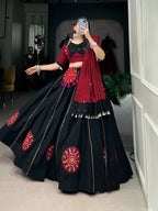 Vastranavya Navaratri Special Pure Cotton Gamthi Patch Work With Gota Patti Touch Up Lehenga Stitched Choli - Black | Grocsy