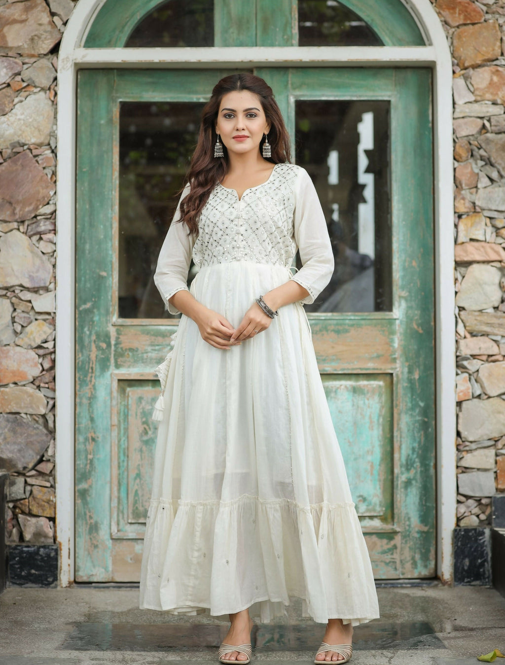 Kaajh Women's Off-White Floral Embroidered Cotton Ethnic Dress | Grocsy