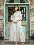 Kaajh Women's Off-White Floral Embroidered Cotton Ethnic Dress | Grocsy