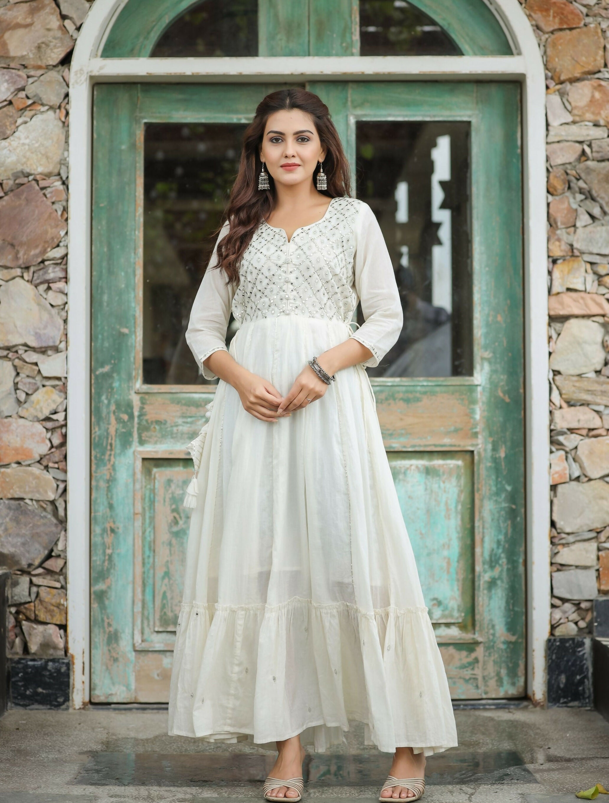 Kaajh Women's Off-White Floral Embroidered Cotton Ethnic Dress | Grocsy