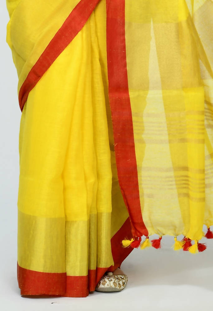 Mominos Fashion Moeza Pure Linen Yellow Saree | Grocsy