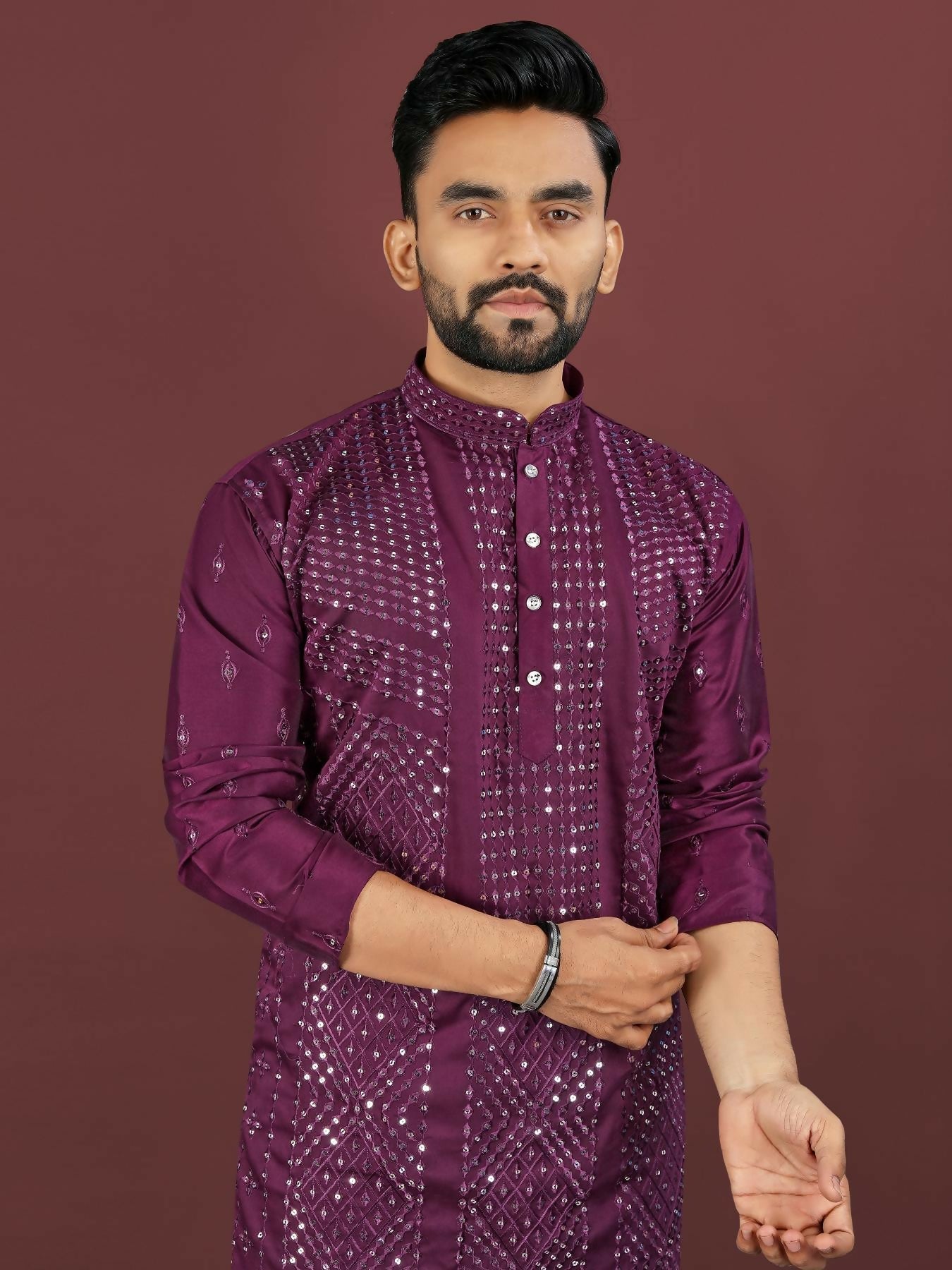 Anaita Purple Embroidered Silk Straight Kurta | Grocsy
