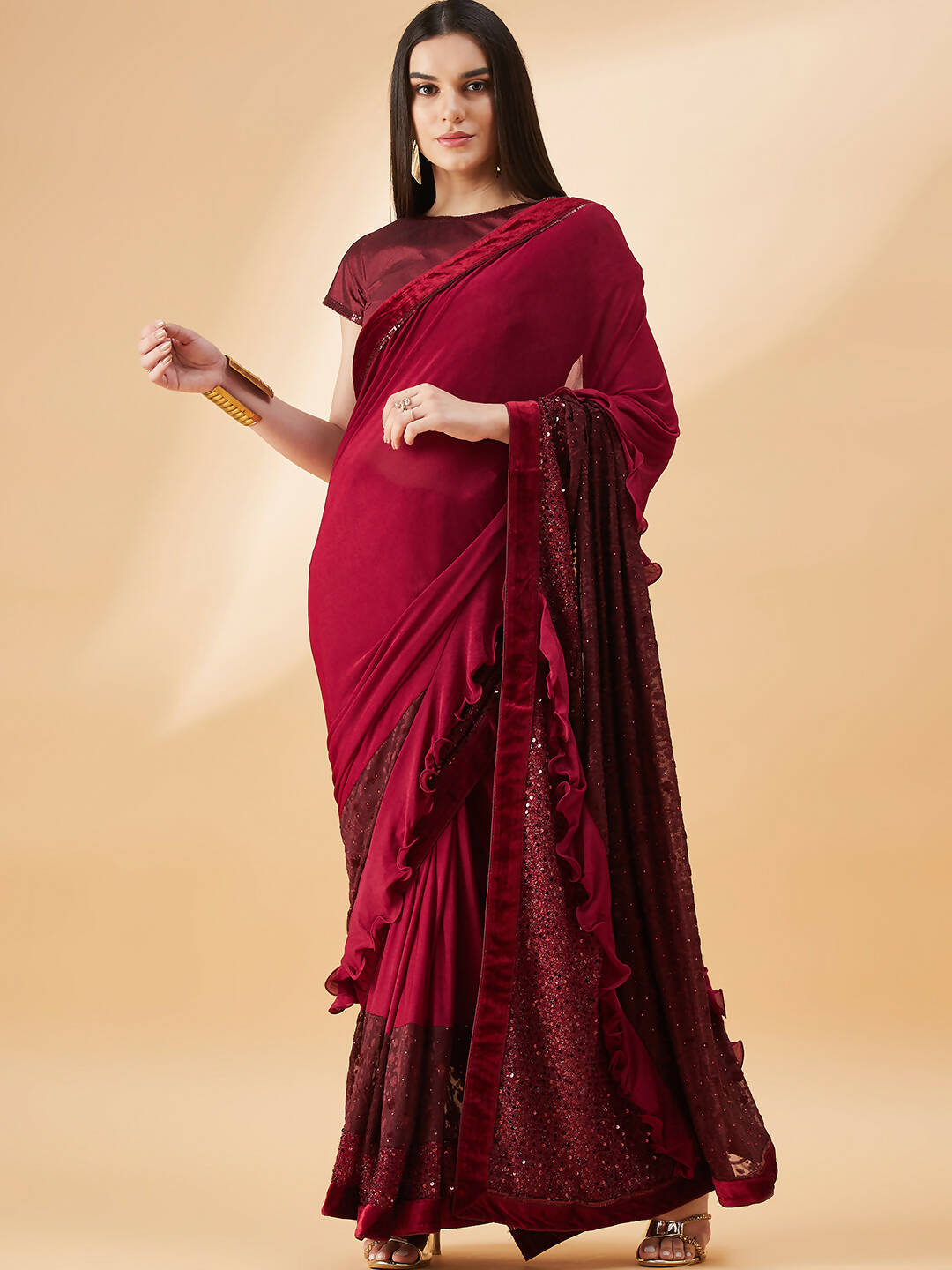 Maroon Lycra Embossed Fancy Velvet, Sequins Embroidery, Frill Details Saree - Norita Hit Design | Grocsy