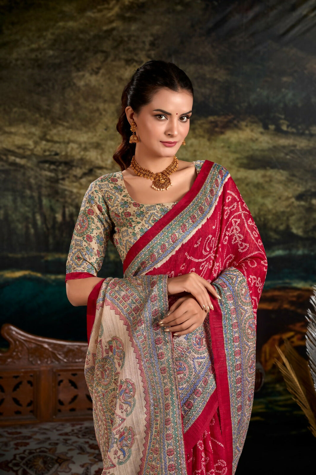Vastranavya Maroon Silk Madhubani & Bandhej Fusion Print Saree with Unstitched Blouse | Grocsy