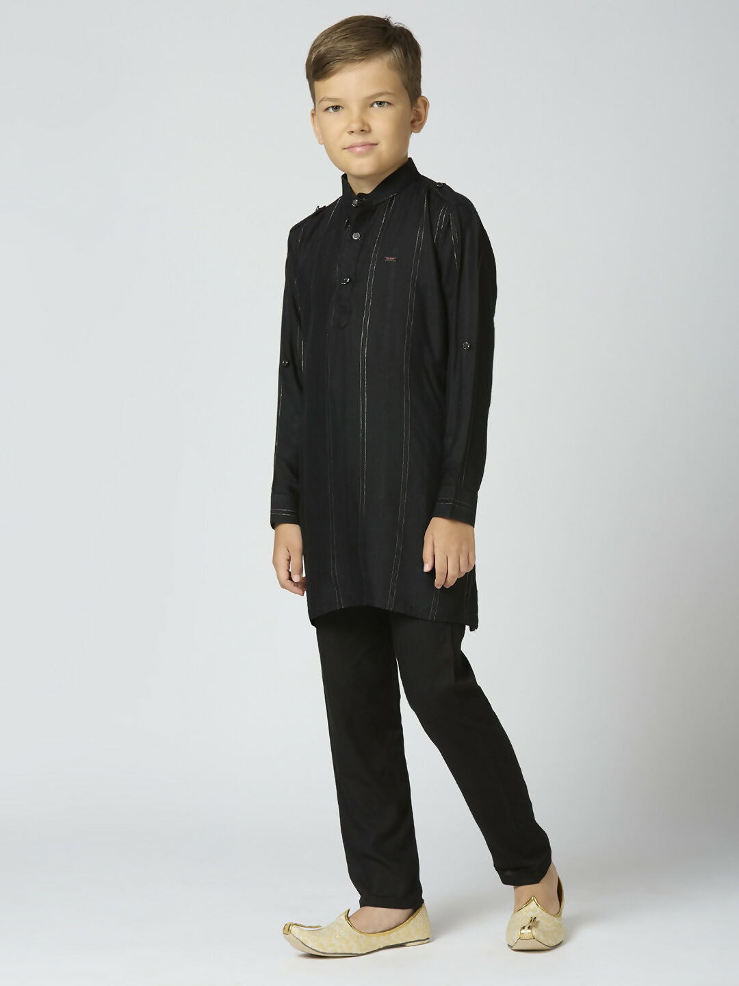 Joban Fashion Kids Island Full Sleeves Cotton Kurta and Pyjama Set with Strip - Black | Grocsy