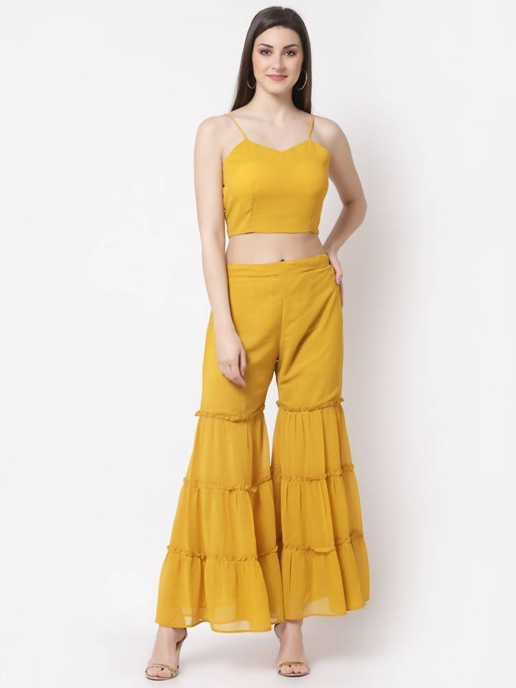 Myshka multi color Color Georgette Solid Top With Pant And Shrug Set | Grocsy