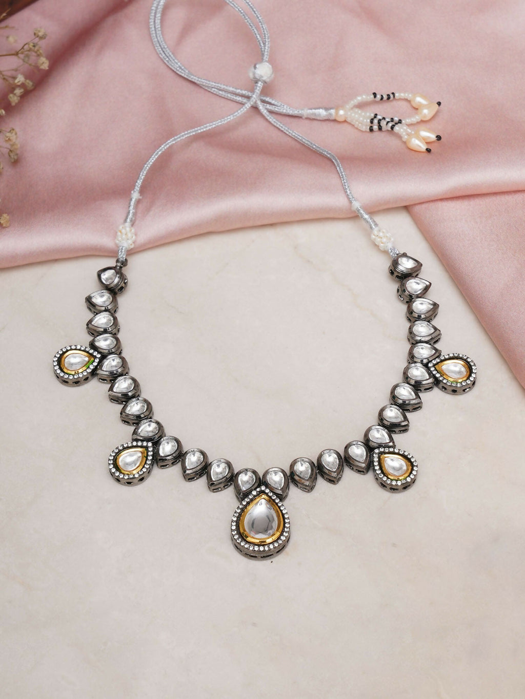 Dual Tone Kundan Neckpiece (silver) - Ruby Raang | Grocsy
