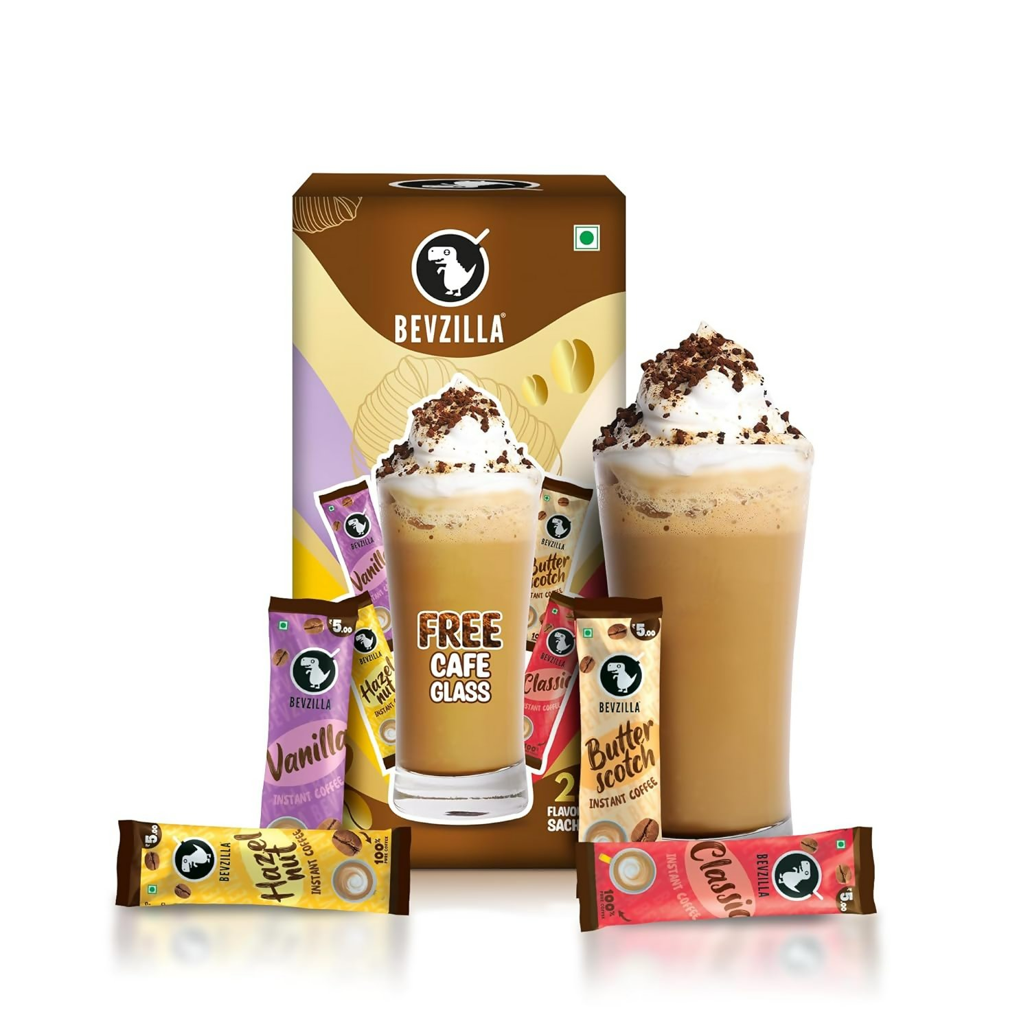 Bevzilla Premium Glass & 25 Flavoured Coffee Sachets | Grocsy