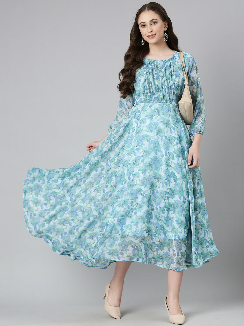 Souchii Blue Floral Chiffon Maxi Dress | Grocsy