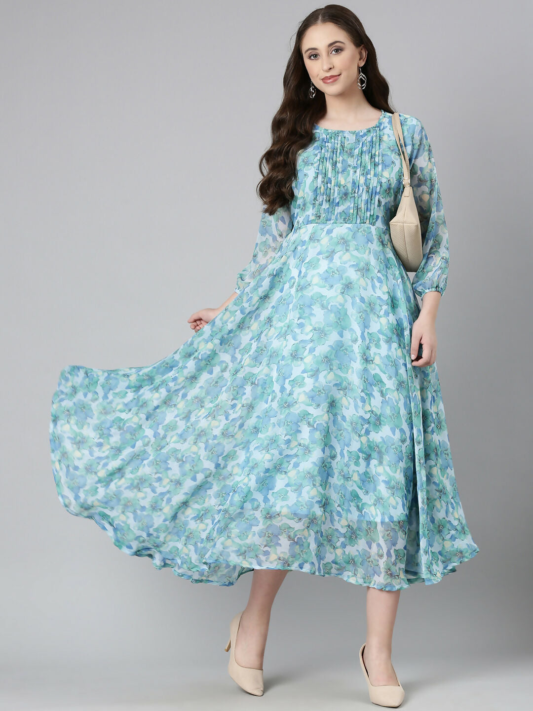 Souchii Blue Floral Chiffon Maxi Dress | Grocsy