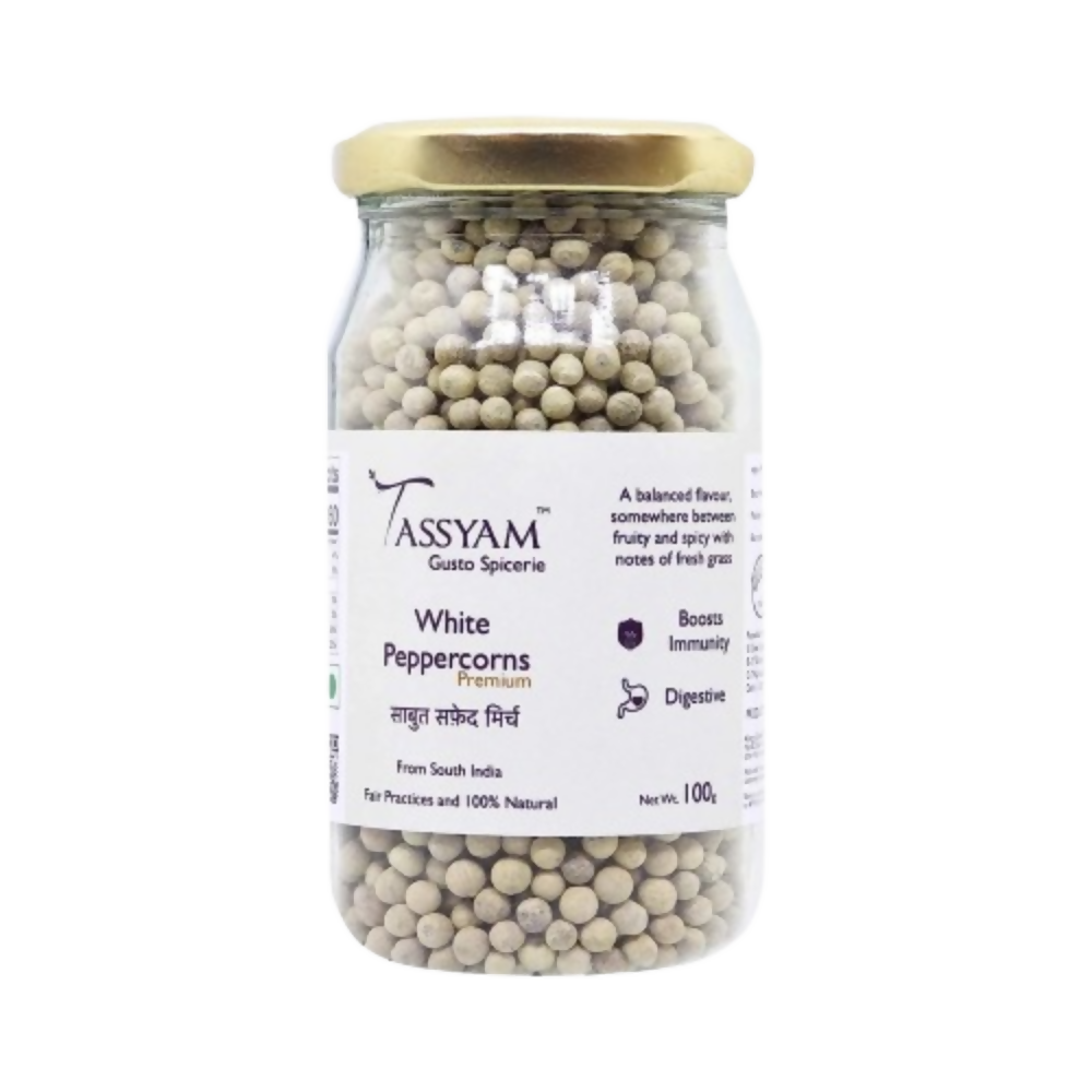 Tassyam Organics White Peppercorns | Grocsy