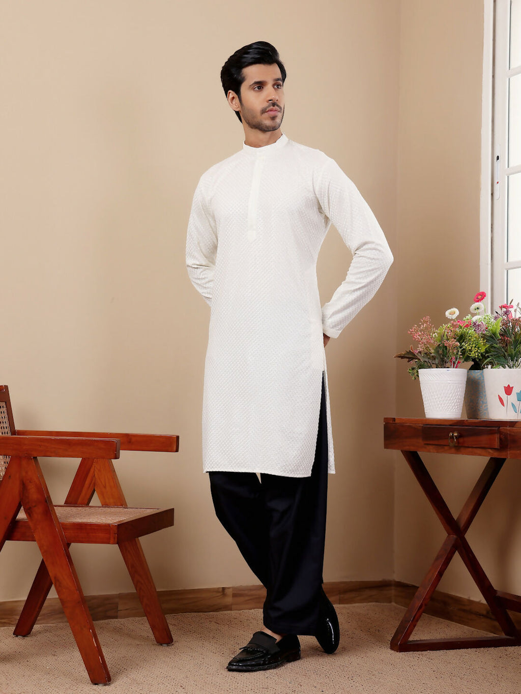 White Viscose Designer Chikankari Embroidery Work Men's Kurta - Mahotsav | Grocsy