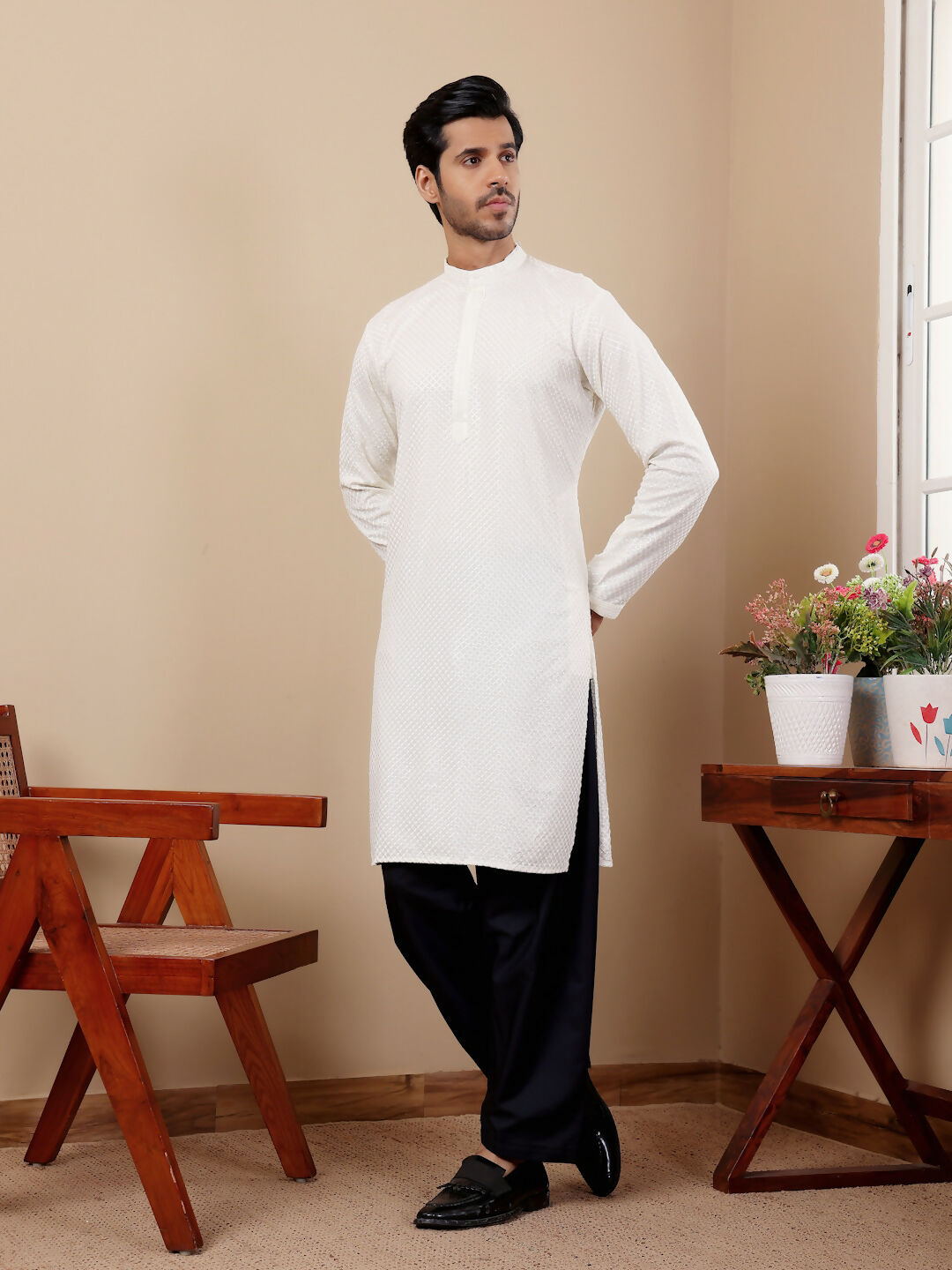 White Viscose Designer Chikankari Embroidery Work Men's Kurta - Mahotsav | Grocsy