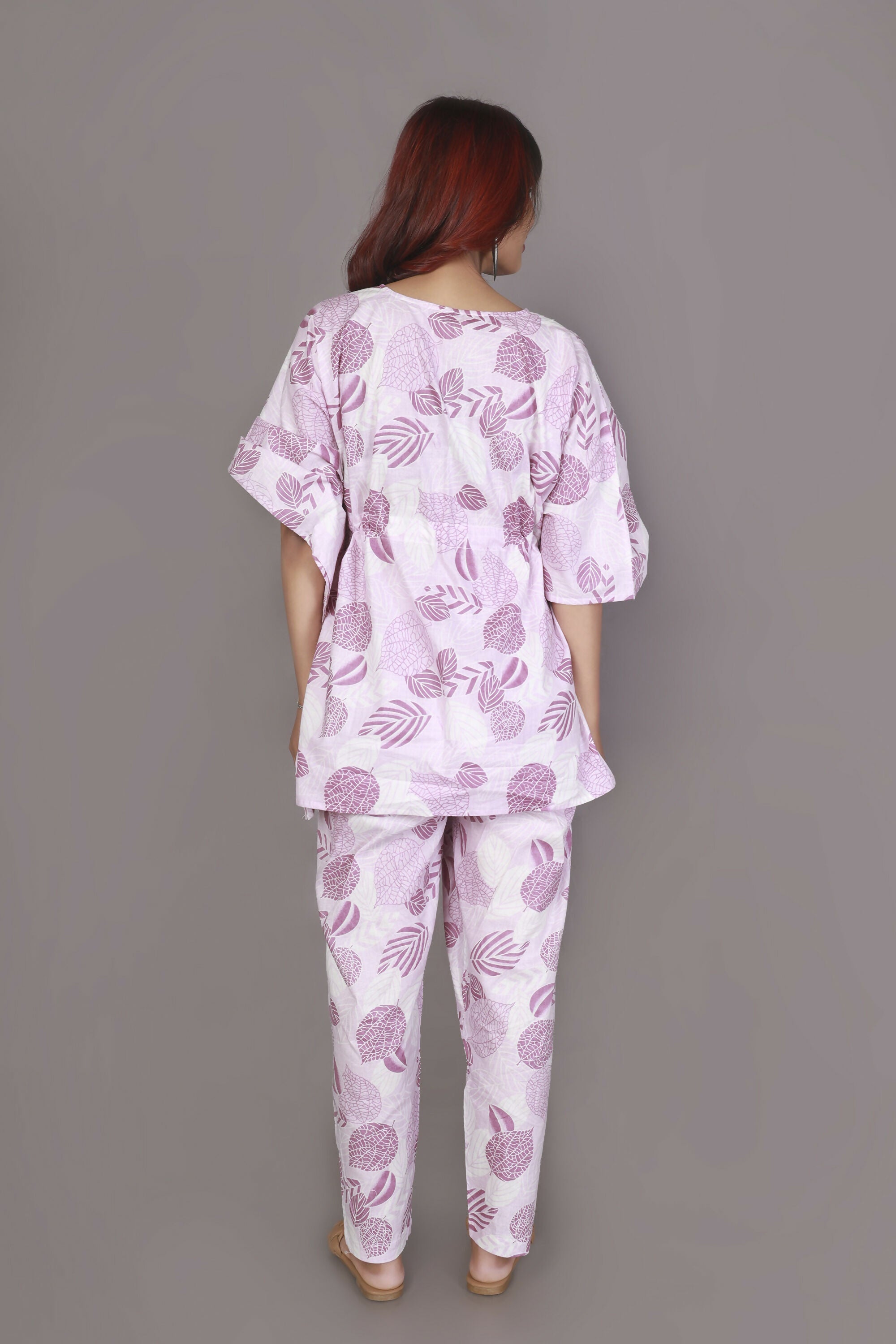 Breathables Women’S Loungewear Kaftan Cotton Pink Nature-Inspired Print Co-Ord Set | Grocsy