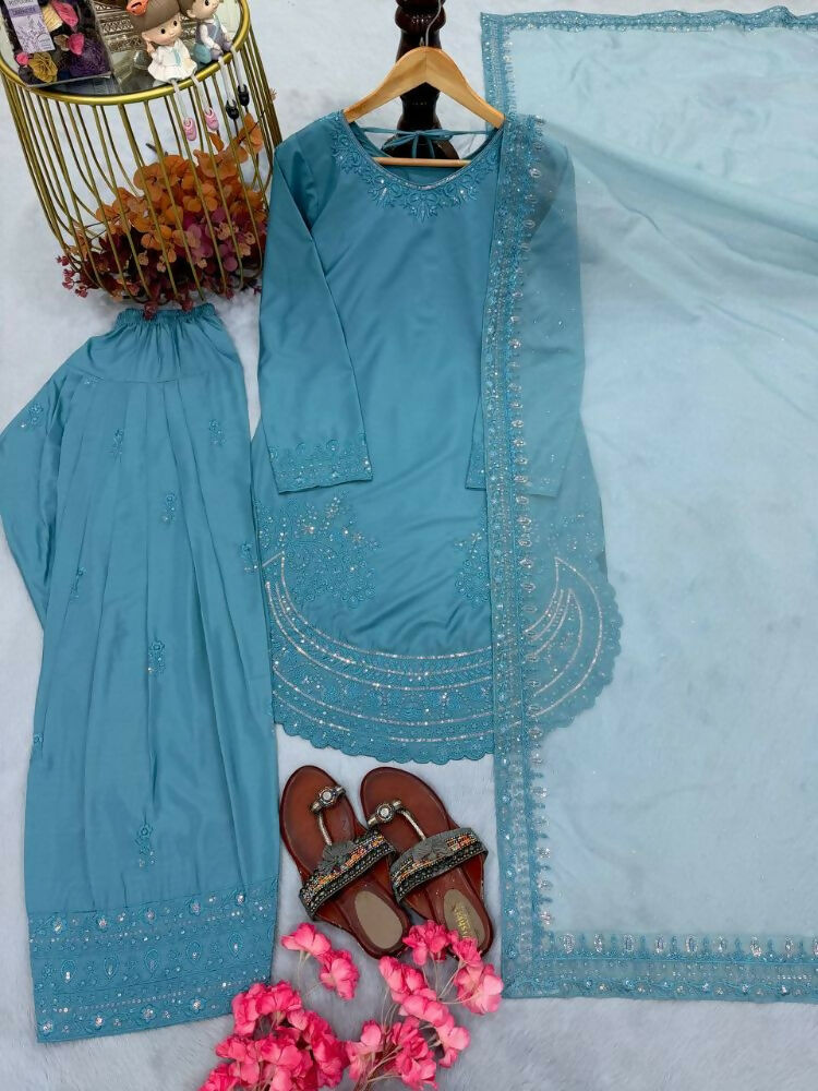 Teeya Creation Teal Color Natural Creap Silk Designer Fancy Party Wear Salwar Suit | Grocsy