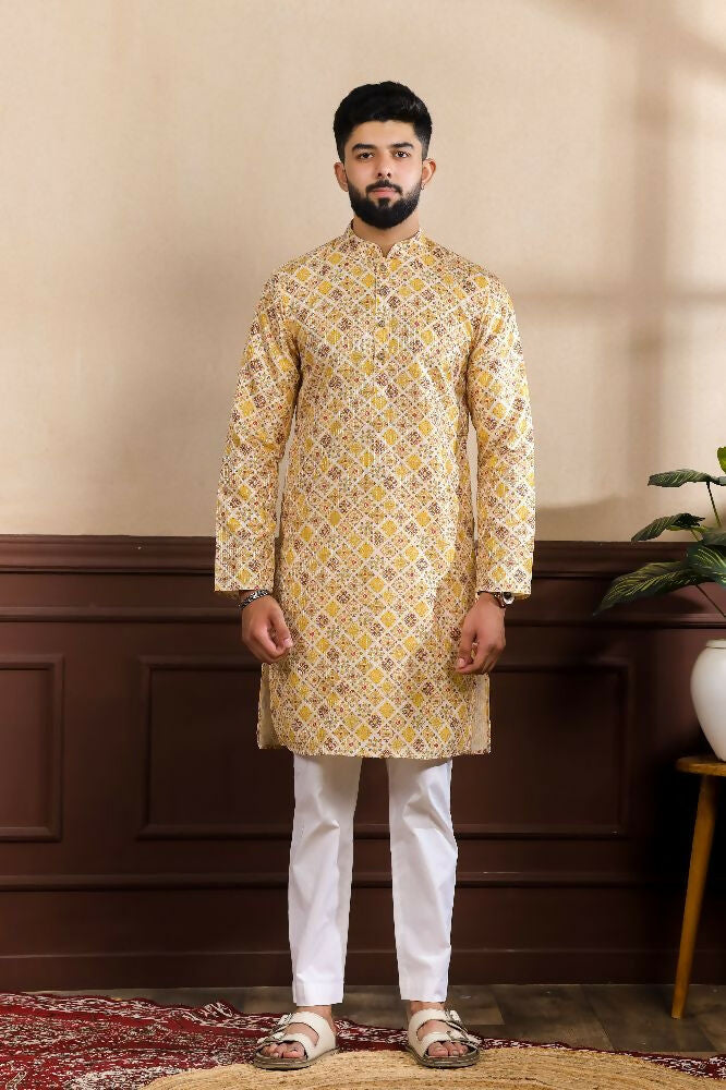 Mustard Art Silk Digital Printed, Embroidery Work Kurta Set - Mahotsav | Grocsy