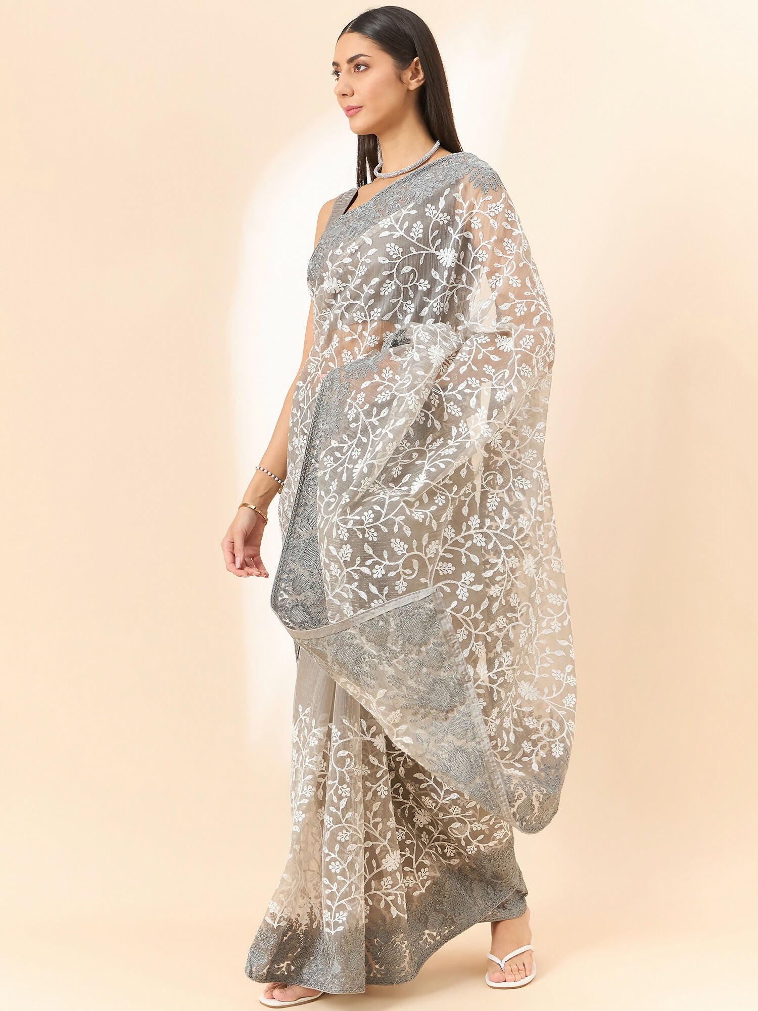 Grey Organza Floral Embroidered Saree with Unstitched Blouse Piece - Roozal | Grocsy