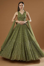 Jyoti Fashion Glamorous Olive Green Zari and Thread Embroidered Georgette Lehenga Choli with Dupatta | Grocsy